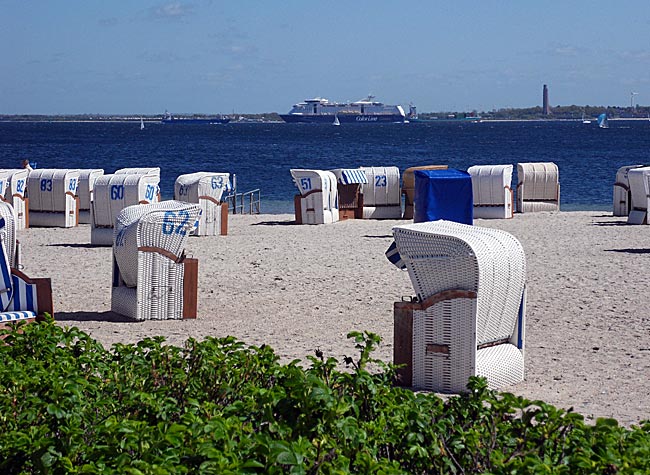 Kiel - Beach section in Strande with a view of Laboe and one of the Scandinavia ferries