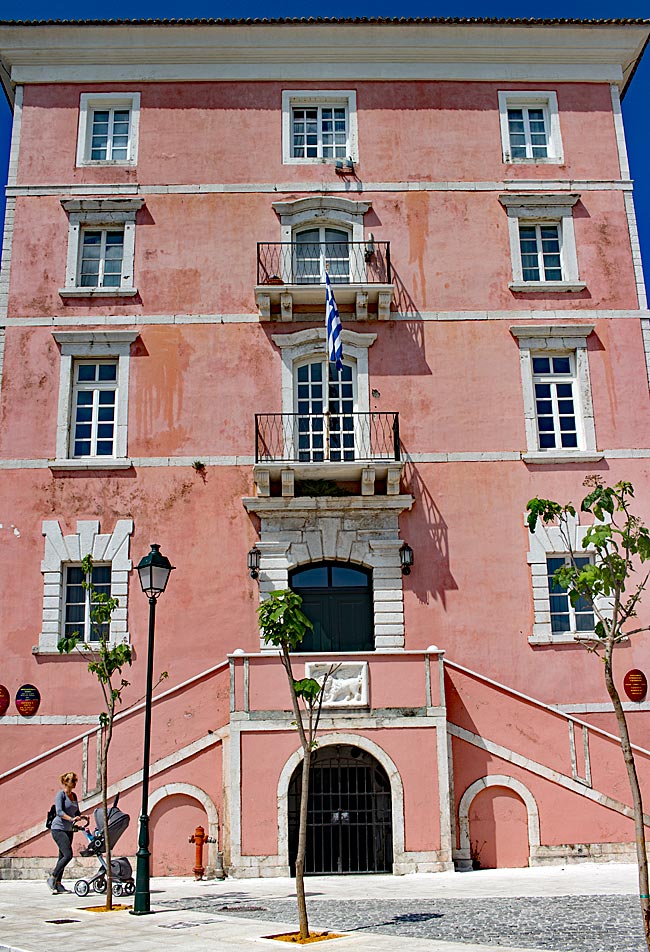 Corfu in Greece - Ionian University Building; a relief with the Venetian lion is visible on the stairs