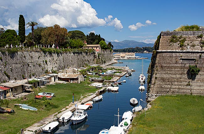 Corfu in Greece - View of the moat in front of the Old Fortress in Kerkyra