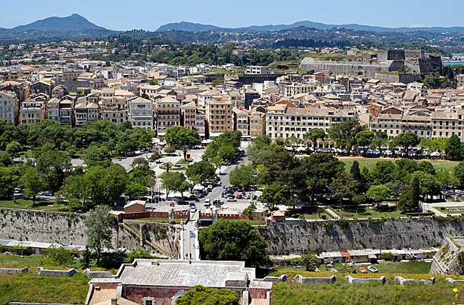 Corfu in Greece - View from the Old Fortress of the Esplanade and the Old Town with the New Fortress