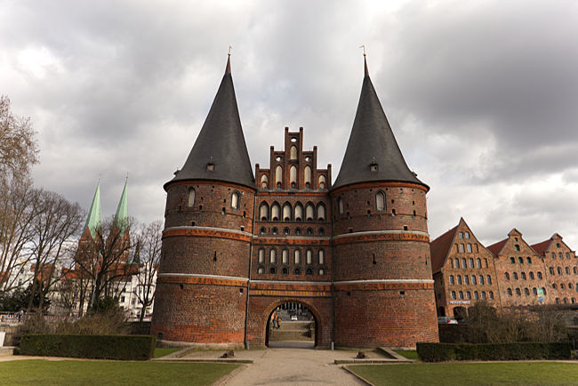 Holstentor in Lübeck with the salt storage buildings