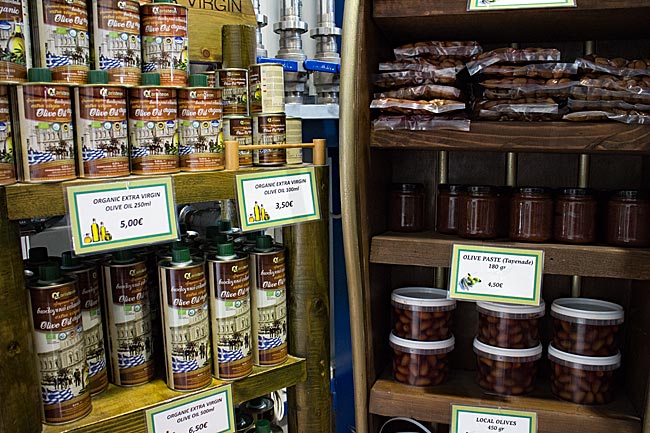 Zakynthos, the Ionian Island in Greece - Selection of olive products offered for sale at the museum, such as oil, paste, or whole fruits