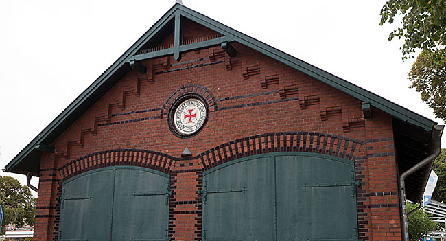 Restored historic Sea Rescue boat shed at the Alter Strom in Warnemünde